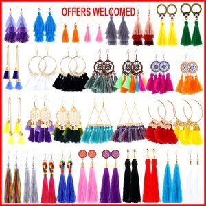 32 Pairs Tassel Earrings Set, Alloy & Cotton, Drop Dangle Hoop Jewelry